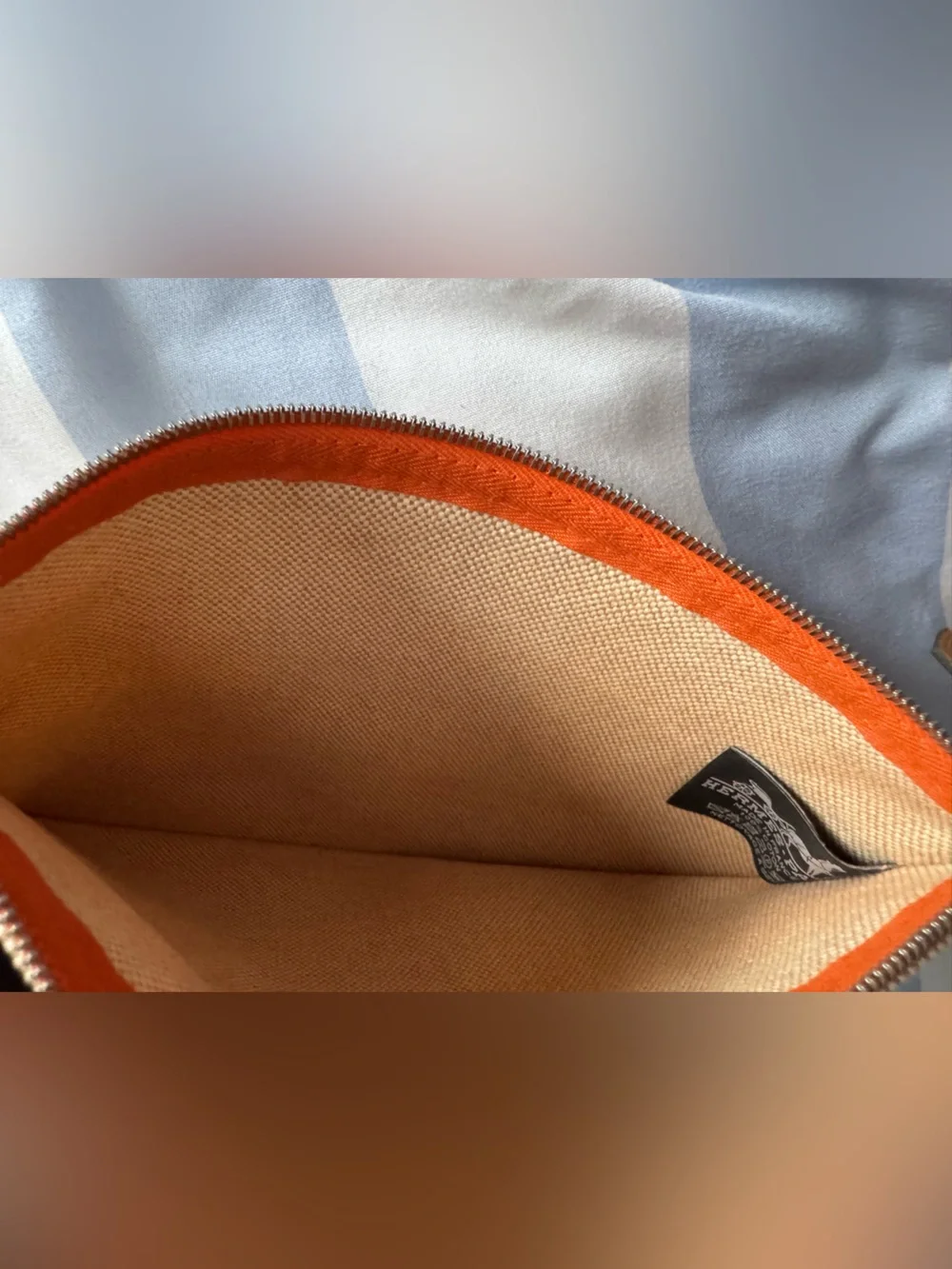 Hermes Beige Canvas Pouch with Orange Trim and Red Logo